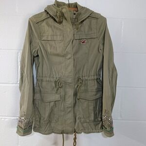 HOLLISTER Utility Cargo Jacket Coat Snap Hooded Green XSMALL Y2K‎ Embellished